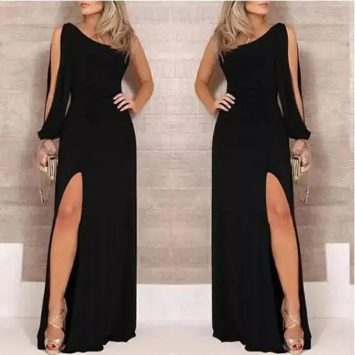 One Shoulder Open Thigh Slit Crepe Maxi Dress - 1
