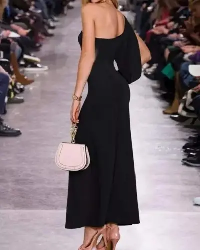 One Shoulder Open Thigh Slit Crepe Maxi Dress - BÜYÜKBEDENIZ (1)