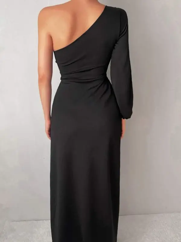 One Shoulder Open Thigh Slit Crepe Maxi Dress - 3