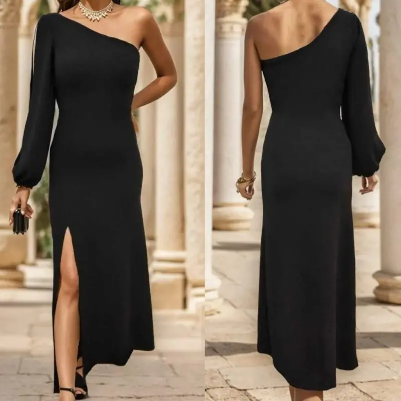 One Shoulder Open Thigh Slit Crepe Maxi Dress - 6