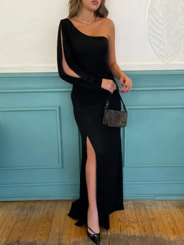 One Shoulder Open Thigh Slit Crepe Maxi Dress - 8
