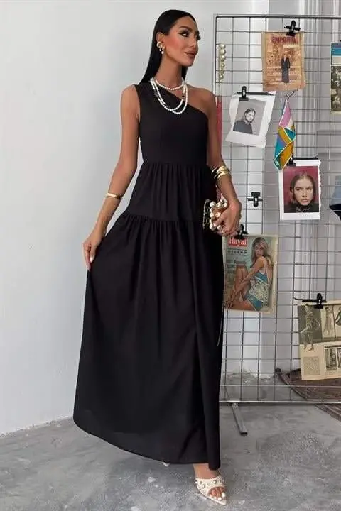 One Shoulder Pleated Detail Maxi Dress 2895 - BÜYÜKBEDENIZ