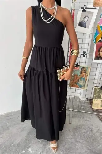 One Shoulder Pleated Detail Maxi Dress 2895 - 3