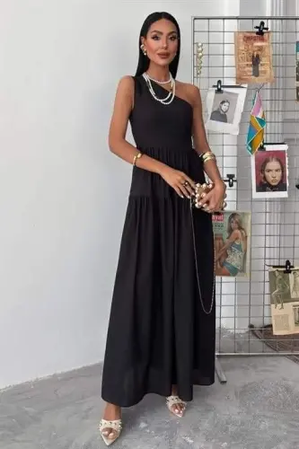 One Shoulder Pleated Detail Maxi Dress 2895 - 5