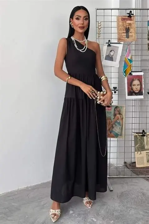 One Shoulder Pleated Detail Maxi Dress 2895 - 5