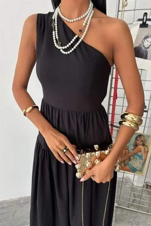 One Shoulder Pleated Detail Maxi Dress 2895 - 8