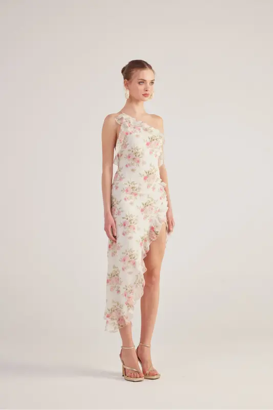 One Shoulder Ruffle Detail Chiffon Amorous Dress Ekr - 5