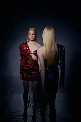 One-Shoulder Shiny Fabric Mini Anabelle Dress Red-Red - 3