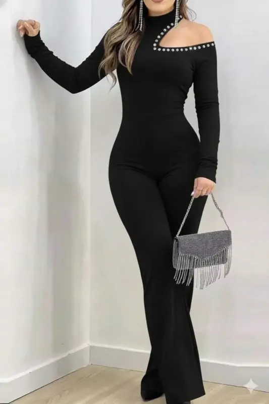 One Shoulder Stone Detailed Long Imported Crepe Jumpsuit - 1