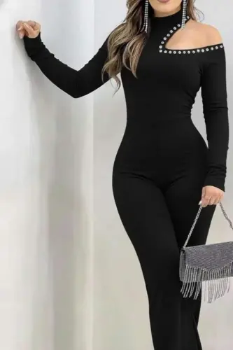 One Shoulder Stone Detailed Long Imported Crepe Jumpsuit - 2