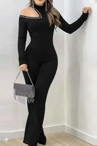 One Shoulder Stone Detailed Long Imported Crepe Jumpsuit - 3