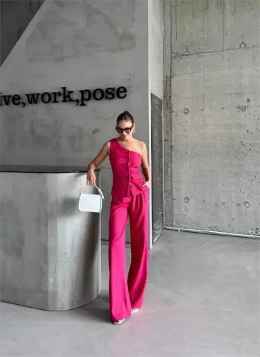 ONE SLEEVE VEST - PANTS SUIT SATIN - Fuchsia - BÜYÜKBEDENIZ (1)