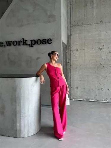 ONE SLEEVE VEST - PANTS SUIT SATIN - Fuchsia - 4