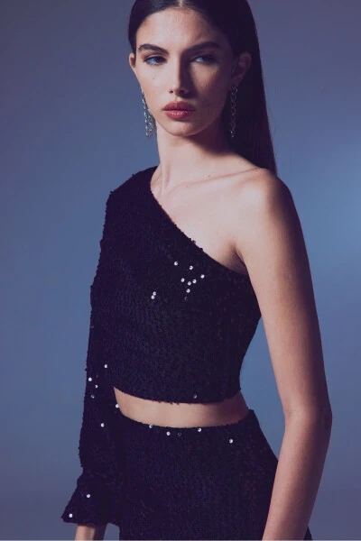 One-Sleeved Crop Blouse - BLACK - 5