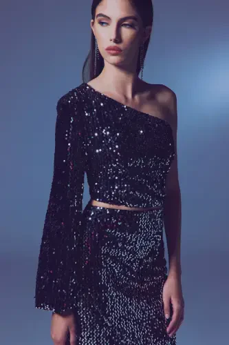 One-Sleeved Crop Top - SILVER - 4