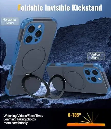 Oneagle Magnetic Stand for iPhone 16 Pro Case with 9H Screen Protector [Fit for MagSafe][Dual Layer][Invisible Metal Kickstand] Heavy Duty 12FT Military Shockproof Phone case for 16 Pro Blue - ONEAGLE (1)