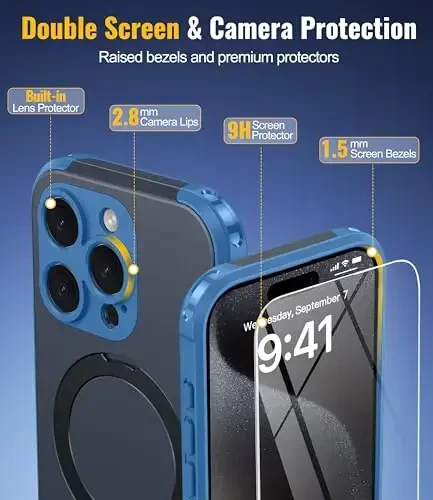 Oneagle Magnetic Stand for iPhone 16 Pro Case with 9H Screen Protector [Fit for MagSafe][Dual Layer][Invisible Metal Kickstand] Heavy Duty 12FT Military Shockproof Phone case for 16 Pro Blue - 4