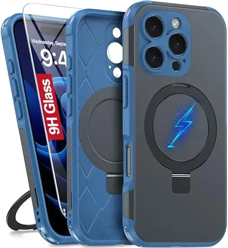 Oneagle Magnetic Stand for iPhone 16 Pro Case with 9H Screen Protector [Fit for MagSafe][Dual Layer][Invisible Metal Kickstand] Heavy Duty 12FT Military Shockproof Phone case for 16 Pro Blue - 1