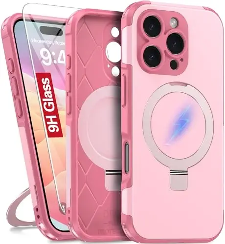 Oneagle Magnetic Stand for iPhone 16 Pro Case with 9H Screen Protector [Fit for MagSafe][Dual Layer][Invisible Metal Kickstand] Heavy Duty 12FT Military Shockproof Phone case for 16 Pro Pink 