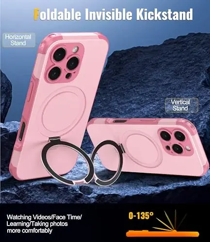 Oneagle Magnetic Stand for iPhone 16 Pro Case with 9H Screen Protector [Fit for MagSafe][Dual Layer][Invisible Metal Kickstand] Heavy Duty 12FT Military Shockproof Phone case for 16 Pro Pink - 2