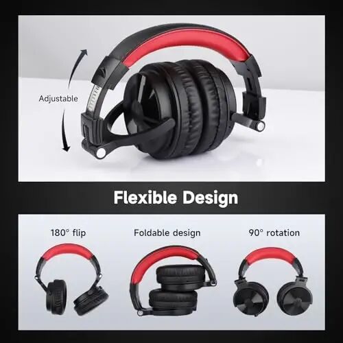 OneOdio Bluetooth Over Ear Headphones, 110 Hrs Wireless/Wired Stereo Sound Foldable Headsets with Deep Bass 50mm Neodymium Drivers for PC/Phone/Tablet - Studio Wireless Pro C, Red - 5