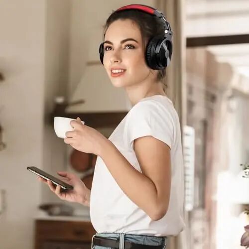 OneOdio Bluetooth Over Ear Headphones, 110 Hrs Wireless/Wired Stereo Sound Foldable Headsets with Deep Bass 50mm Neodymium Drivers for PC/Phone/Tablet - Studio Wireless Pro C, Red - 6