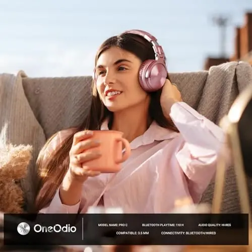 OneOdio Bluetooth Over Ear Headphones, 110 Hrs Wireless/Wired Stereo Sound Foldable Headsets with Deep Bass 50mm Neodymium Drivers for PC/Phone/Tablet - Studio Wireless Pro C, Rose Gold - 2
