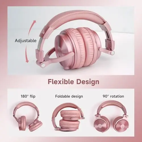OneOdio Bluetooth Over Ear Headphones, 110 Hrs Wireless/Wired Stereo Sound Foldable Headsets with Deep Bass 50mm Neodymium Drivers for PC/Phone/Tablet - Studio Wireless Pro C, Rose Gold - 7