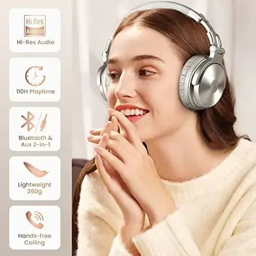 OneOdio Bluetooth Over Ear Headphones, 110 Hrs Wireless/Wired Stereo Sound Foldable Headsets with Deep Bass 50mm Neodymium Drivers for PC/Phone/Tablet - Studio Wireless Pro C, Champagne Gold - 7