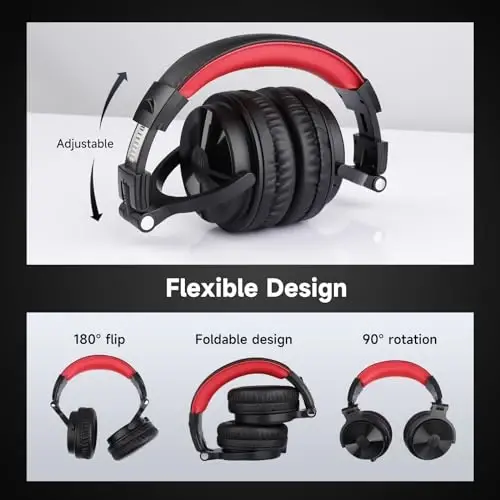 OneOdio Bluetooth Over Ear Headphones, 110 Hrs Wireless/Wired Stereo Sound Foldable Headsets with Deep Bass 50mm Neodymium Drivers for PC/Phone/Tablet - Studio Wireless Pro C, Red - 5