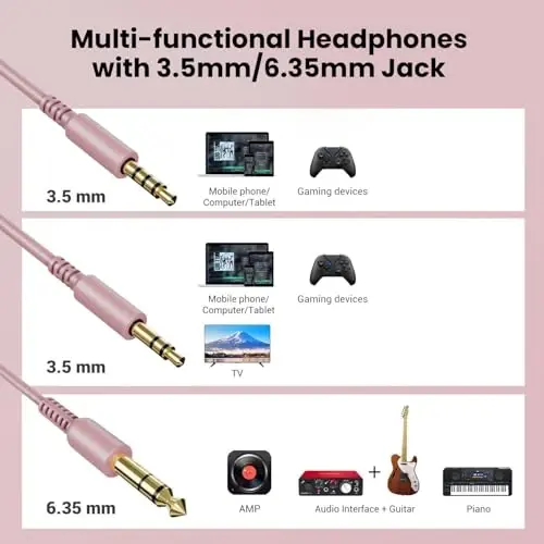 OneOdio Wired Over Ear Headphones Studio Monitor & Mixing DJ Stereo Headsets with 50mm Neodymium Drivers and 1/4 to 3.5mm Jack for AMP Computer Recording Podcast Keyboard Guitar Laptop - Pink - 12