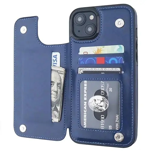 ONETOP Compatible with iPhone 15 Plus Wallet Case with Card Holder, PU Leather Kickstand Card Slots Case, Double Magnetic Clasp and Durable Shockproof Cover 6.7 Inch (Blue) 