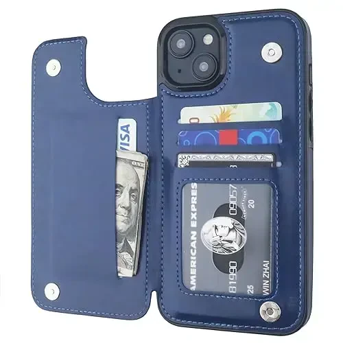 ONETOP Compatible with iPhone 15 Plus Wallet Case with Card Holder, PU Leather Kickstand Card Slots Case, Double Magnetic Clasp and Durable Shockproof Cover 6.7 Inch (Blue) - 1