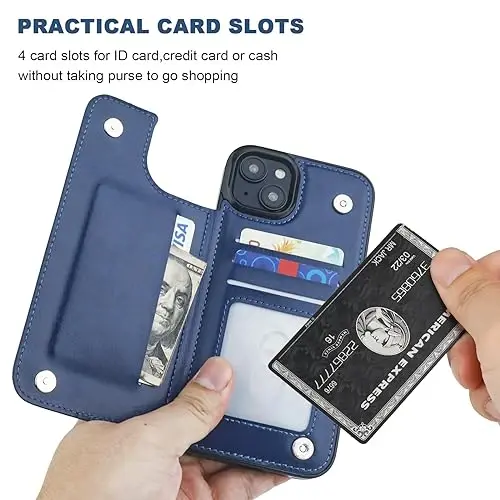 ONETOP Compatible with iPhone 15 Plus Wallet Case with Card Holder, PU Leather Kickstand Card Slots Case, Double Magnetic Clasp and Durable Shockproof Cover 6.7 Inch (Blue) - 3