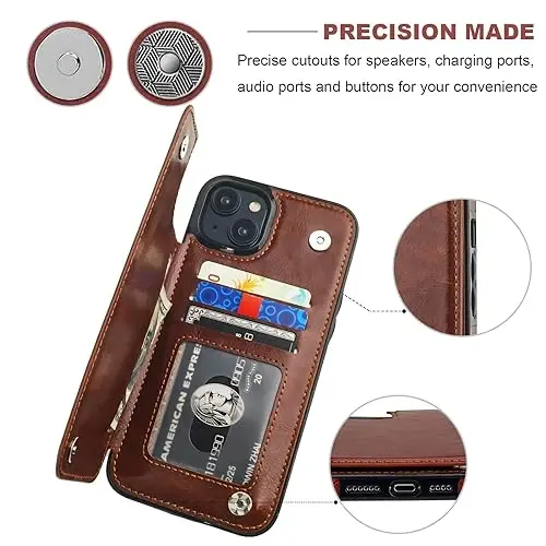 ONETOP Compatible with iPhone 15 Plus Wallet Case with Card Holder, PU Leather Kickstand Card Slots Case, Double Magnetic Clasp and Durable Shockproof Cover 6.7 Inch (Brown) - 6