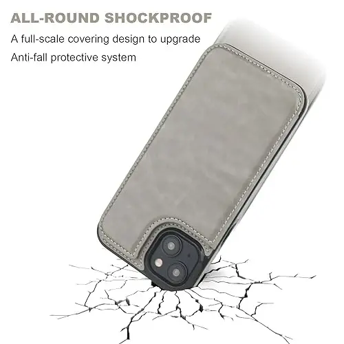 ONETOP Compatible with iPhone 15 Plus Wallet Case with Card Holder, PU Leather Kickstand Card Slots Case, Double Magnetic Clasp and Durable Shockproof Cover 6.7 Inch (Gray) - 5