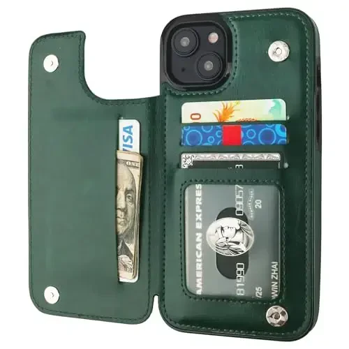 ONETOP Compatible with iPhone 15 Plus Wallet Case with Card Holder, PU Leather Kickstand Card Slots Case, Double Magnetic Clasp and Durable Shockproof Cover 6.7 Inch (Green) - 12