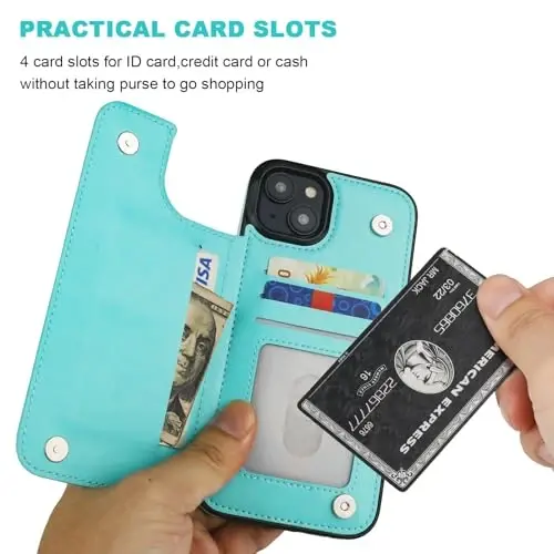 ONETOP Compatible with iPhone 15 Plus Wallet Case with Card Holder, PU Leather Kickstand Card Slots Case, Double Magnetic Clasp and Durable Shockproof Cover 6.7 Inch (Light Blue) - 4