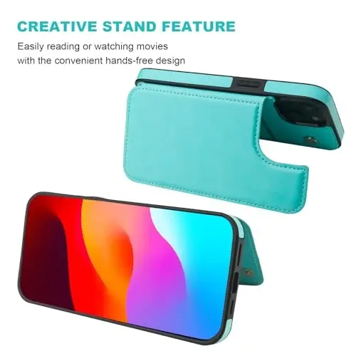 ONETOP Compatible with iPhone 15 Plus Wallet Case with Card Holder, PU Leather Kickstand Card Slots Case, Double Magnetic Clasp and Durable Shockproof Cover 6.7 Inch (Light Blue) - 5