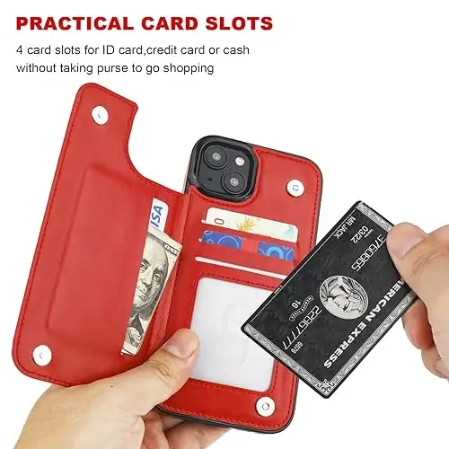 ONETOP Compatible with iPhone 15 Plus Wallet Case with Card Holder, PU Leather Kickstand Card Slots Case, Double Magnetic Clasp and Durable Shockproof Cover 6.7 Inch (Red) - 3