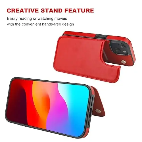 ONETOP Compatible with iPhone 15 Plus Wallet Case with Card Holder, PU Leather Kickstand Card Slots Case, Double Magnetic Clasp and Durable Shockproof Cover 6.7 Inch (Red) - 4