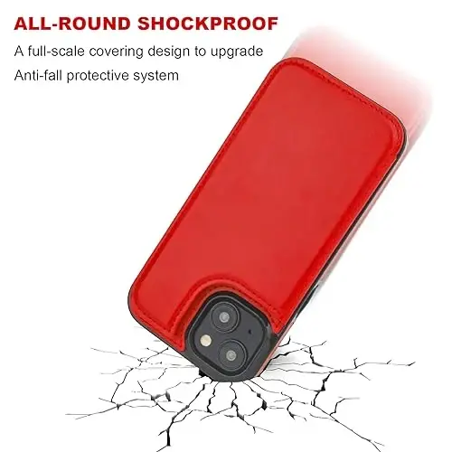 ONETOP Compatible with iPhone 15 Plus Wallet Case with Card Holder, PU Leather Kickstand Card Slots Case, Double Magnetic Clasp and Durable Shockproof Cover 6.7 Inch (Red) - 5