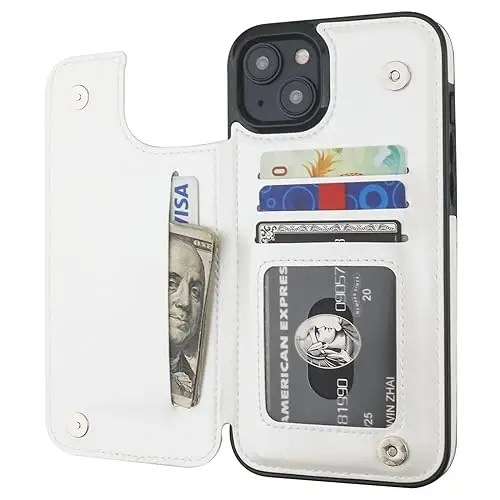 ONETOP Compatible with iPhone 15 Plus Wallet Case with Card Holder, PU Leather Kickstand Card Slots Case, Double Magnetic Clasp and Durable Shockproof Cover 6.7 Inch (White) 