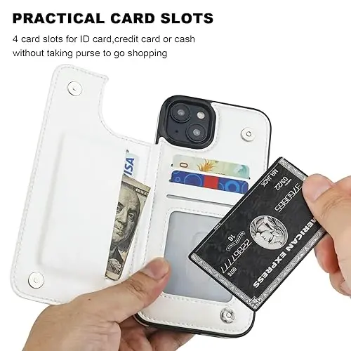 ONETOP Compatible with iPhone 15 Plus Wallet Case with Card Holder, PU Leather Kickstand Card Slots Case, Double Magnetic Clasp and Durable Shockproof Cover 6.7 Inch (White) - 3