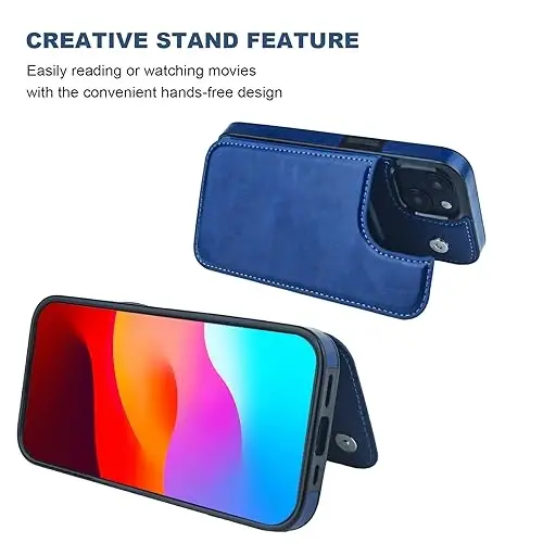 ONETOP Compatible with iPhone 15 Wallet Case with Card Holder, PU Leather Kickstand Card Slots Case, Double Magnetic Clasp and Durable Shockproof Cover 6.1 Inch (Blue) - 5