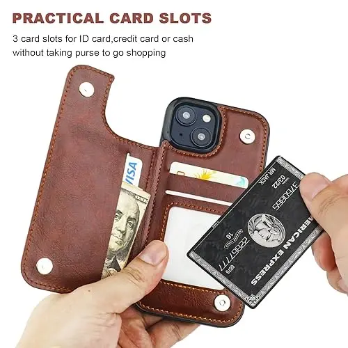 Onetop Compatible with iPhone 15 Wallet Case with Card Holder, PU Leather Kickstand Card Slots Case, Double Magnetic Clasp and Durable Shockproof Cover 6.1 Inch (Brown) - 4