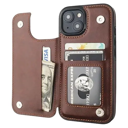 Onetop Compatible with iPhone 15 Wallet Case with Card Holder, PU Leather Kickstand Card Slots Case, Double Magnetic Clasp and Durable Shockproof Cover 6.1 Inch (Brown) 