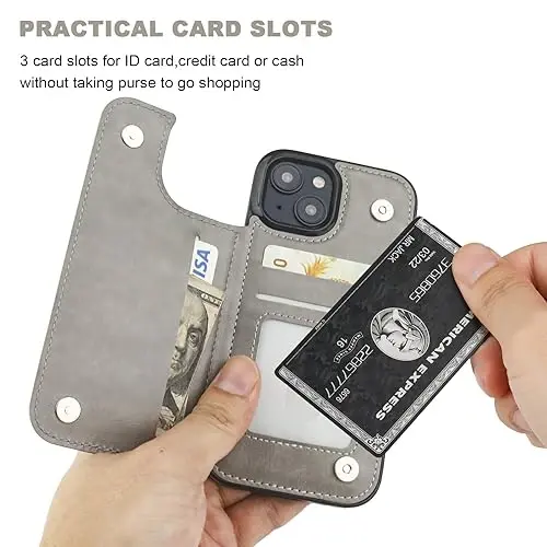 ONETOP Compatible with iPhone 15 Wallet Case with Card Holder, PU Leather Kickstand Card Slots Case, Double Magnetic Clasp and Durable Shockproof Cover 6.1 Inch (Gray) - 4