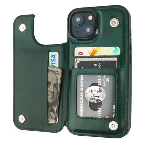 ONETOP Compatible with iPhone 15 Wallet Case with Card Holder, PU Leather Kickstand Card Slots Case, Double Magnetic Clasp and Durable Shockproof Cover 6.1 Inch (Green) - 1