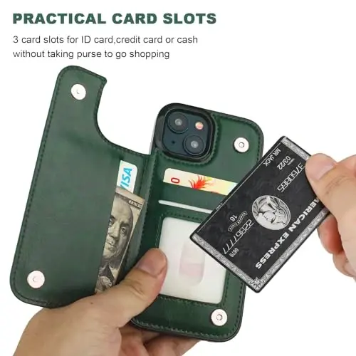ONETOP Compatible with iPhone 15 Wallet Case with Card Holder, PU Leather Kickstand Card Slots Case, Double Magnetic Clasp and Durable Shockproof Cover 6.1 Inch (Green) - 4